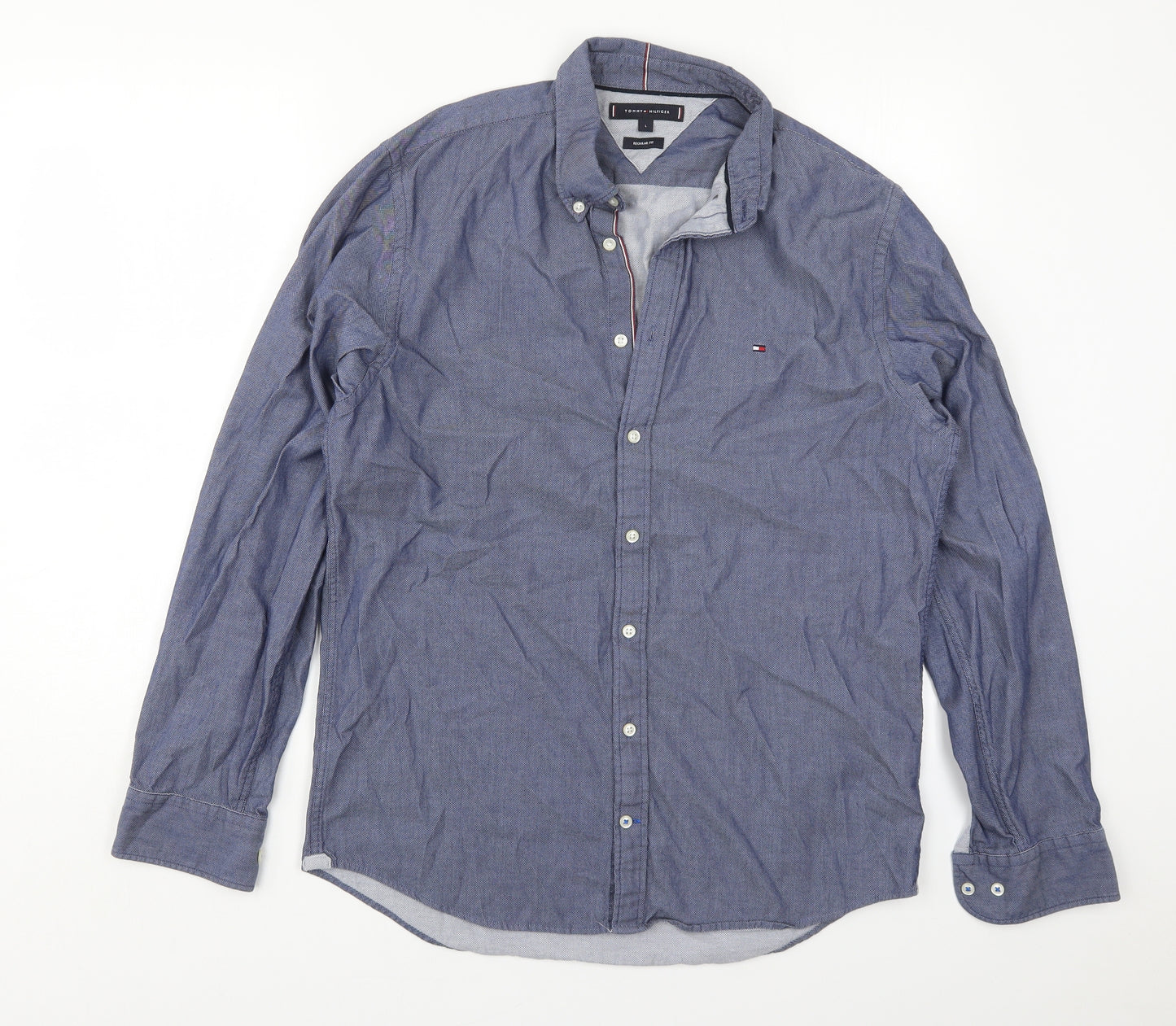 Tommy Hilfiger Mens Blue  Cotton  Button-Up Size L Collared Button