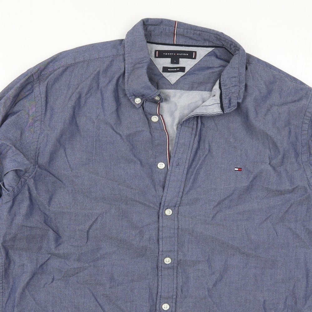 Tommy Hilfiger Mens Blue  Cotton  Button-Up Size L Collared Button