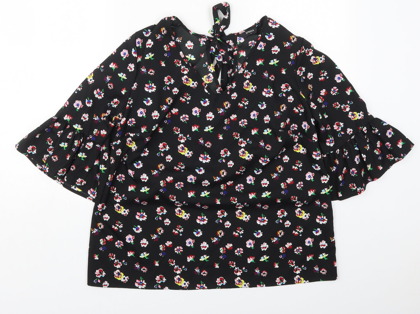 Papaya Womens Black Floral Polyester Basic Blouse Size 16 Round Neck