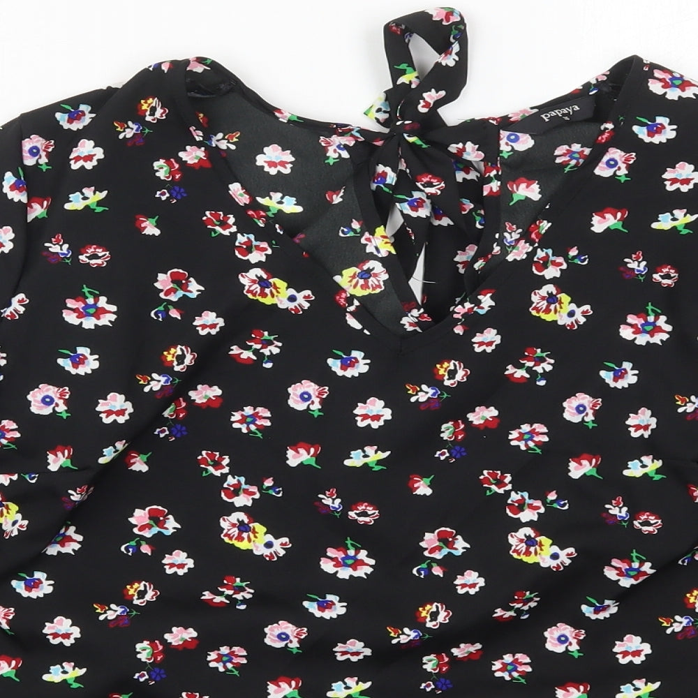 Papaya Womens Black Floral Polyester Basic Blouse Size 16 Round Neck