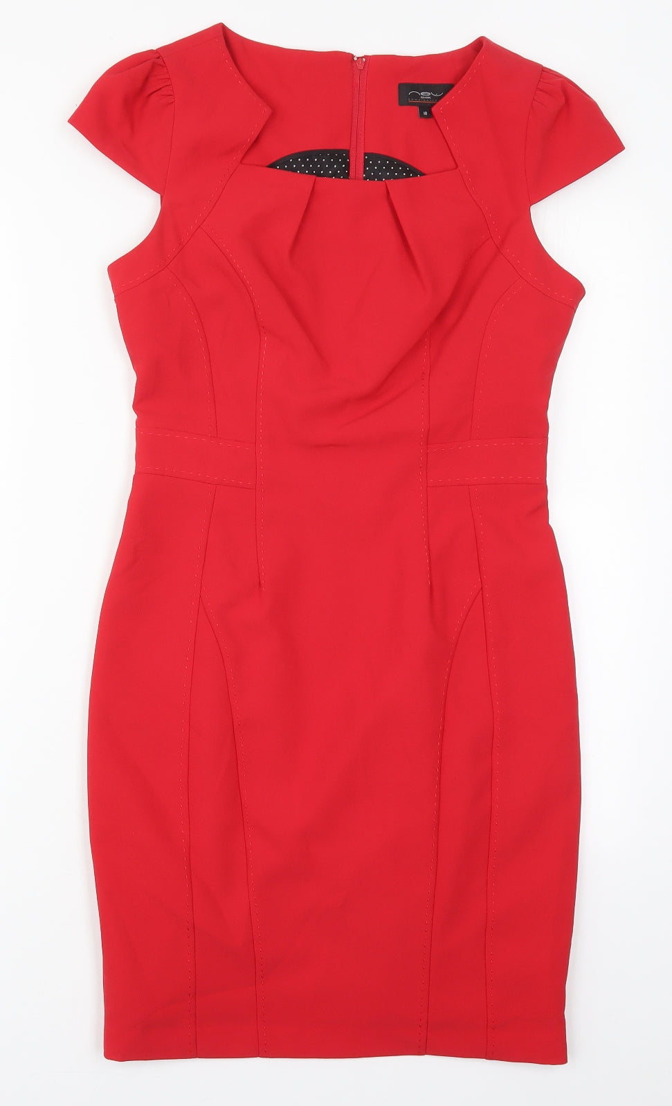 New Look Womens Red  Polyester Pencil Dress  Size 10  Square Neck Zip