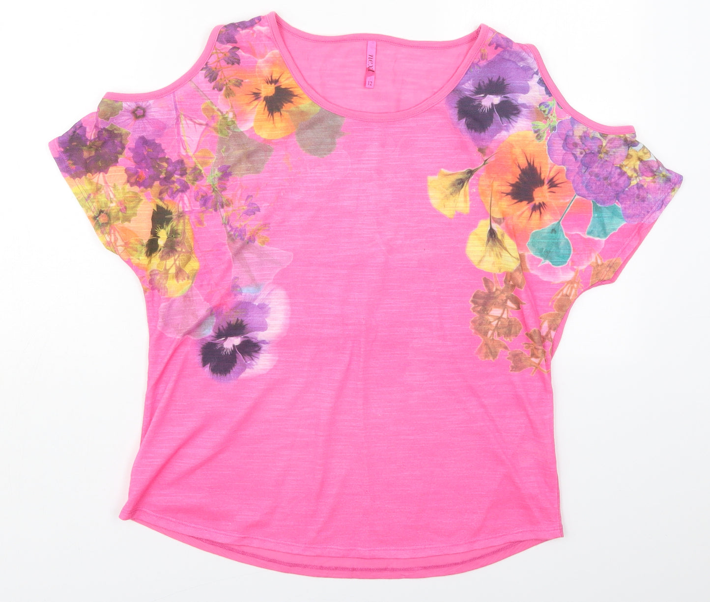 NEXT Womens Pink Floral Polyester Basic T-Shirt Size 12 Round Neck