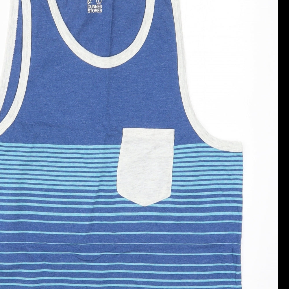 Dunnes Mens Blue Striped Cotton  T-Shirt Size L Round Neck
