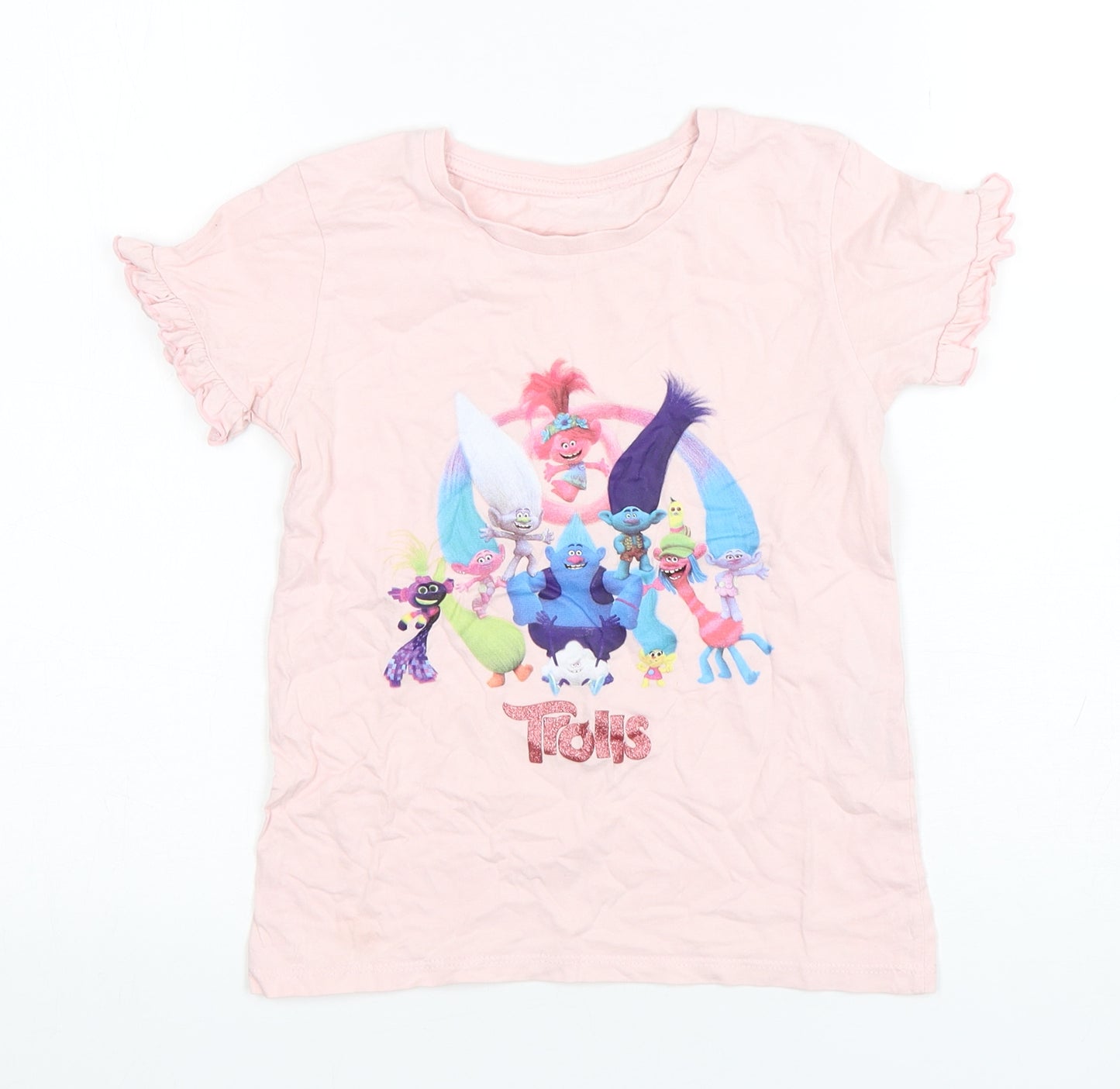 Primark Girls Pink  Cotton Basic T-Shirt Size 7-8 Years Round Neck Pullover - Trolls