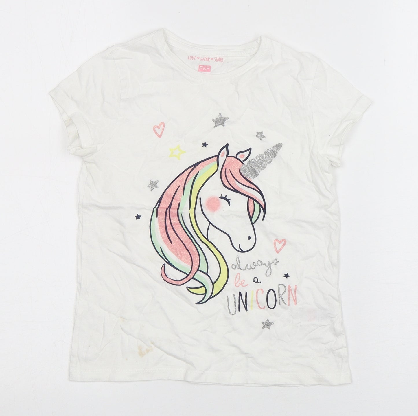 F&F Girls White  Cotton Basic T-Shirt Size 7-8 Years Round Neck Pullover - Unicorn