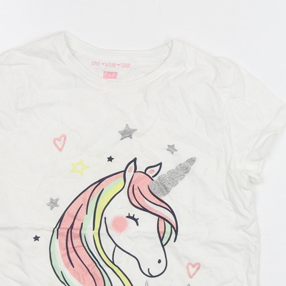 F&F Girls White  Cotton Basic T-Shirt Size 7-8 Years Round Neck Pullover - Unicorn