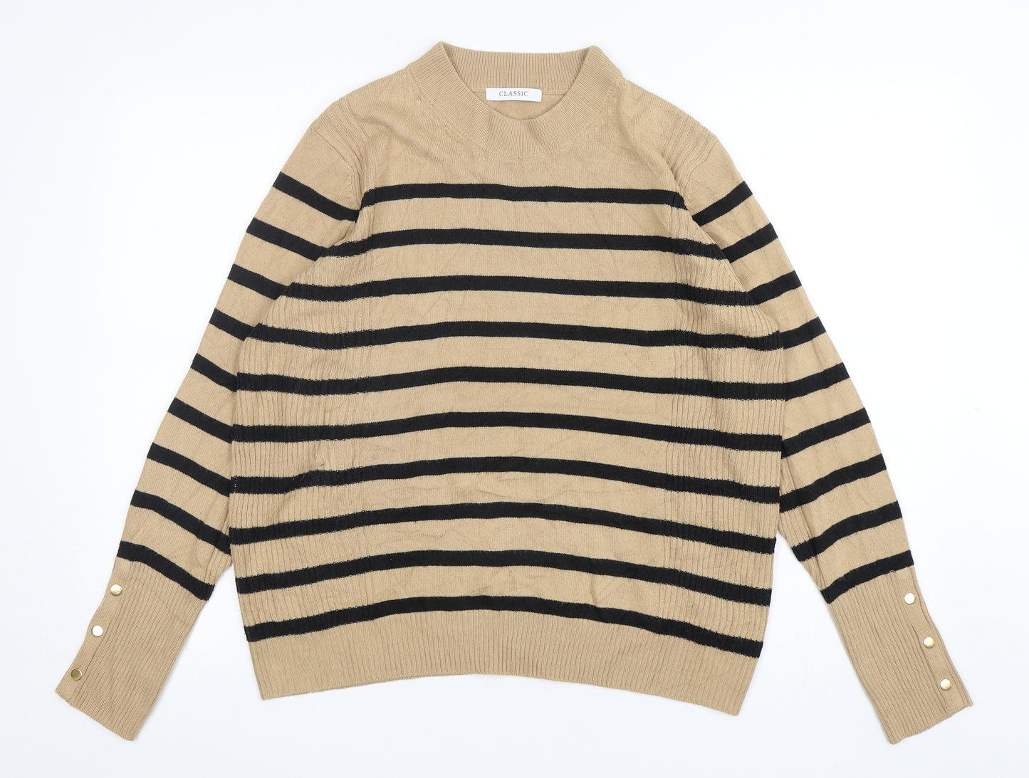 Marks and Spencer Womens Beige Mock Neck Striped Acrylic Pullover Jumper Size 16