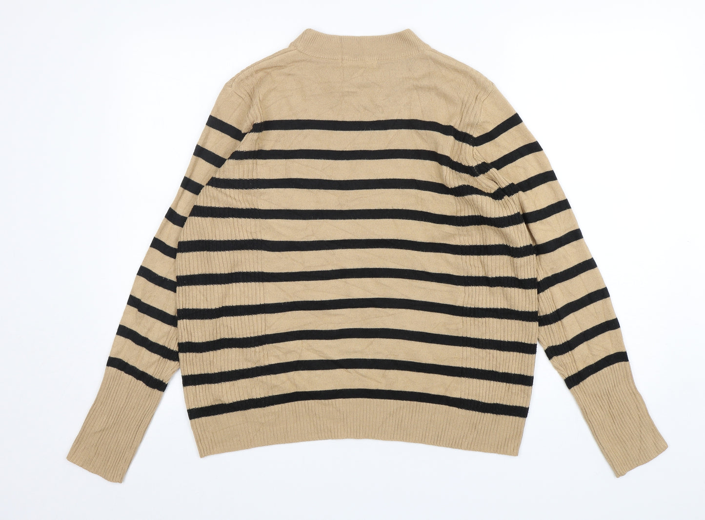 Marks and Spencer Womens Beige Mock Neck Striped Acrylic Pullover Jumper Size 16