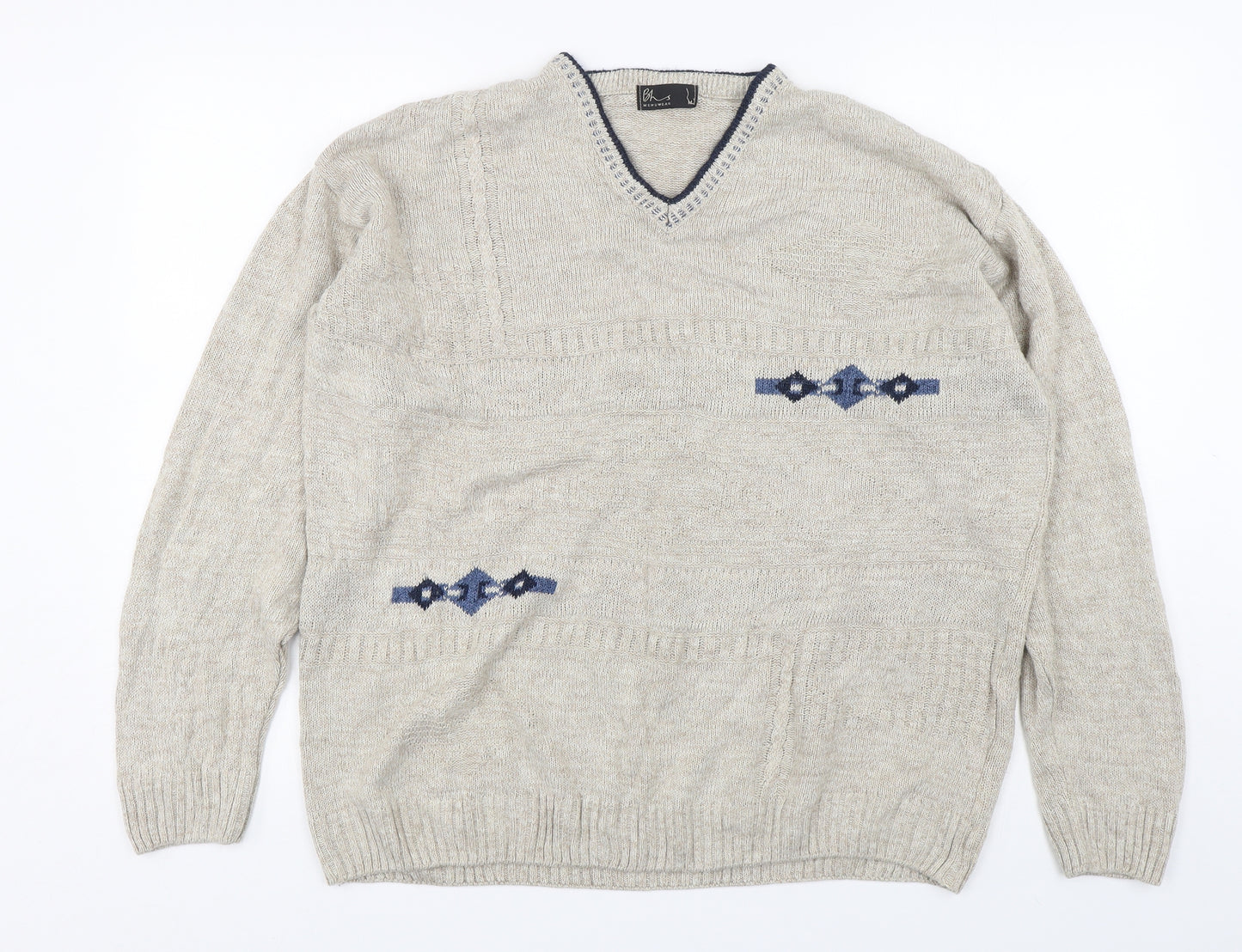 BHS Mens Beige Round Neck Argyle/Diamond Acrylic Pullover Jumper Size M