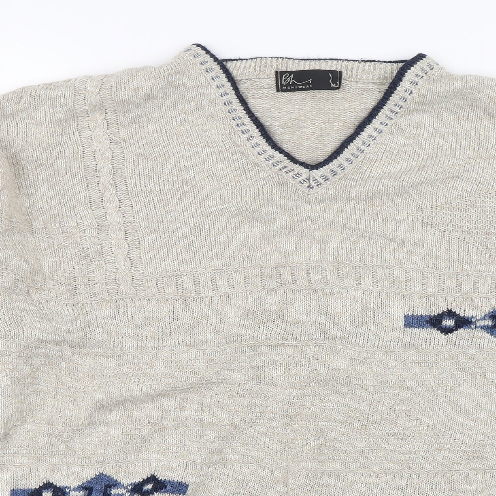 BHS Mens Beige Round Neck Argyle/Diamond Acrylic Pullover Jumper Size M