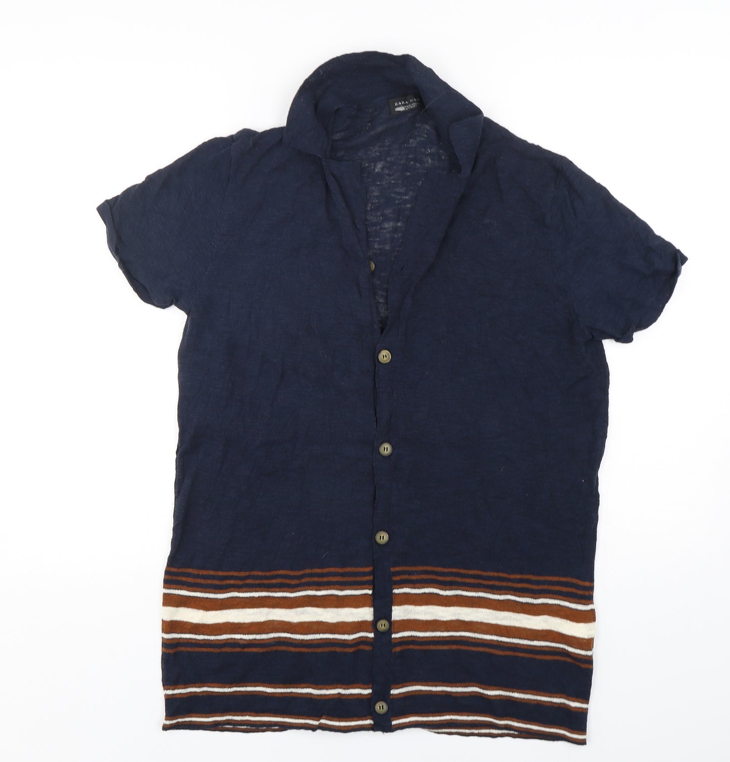 Zara Mens Blue Collared Striped Cotton Cardigan Jumper Size M