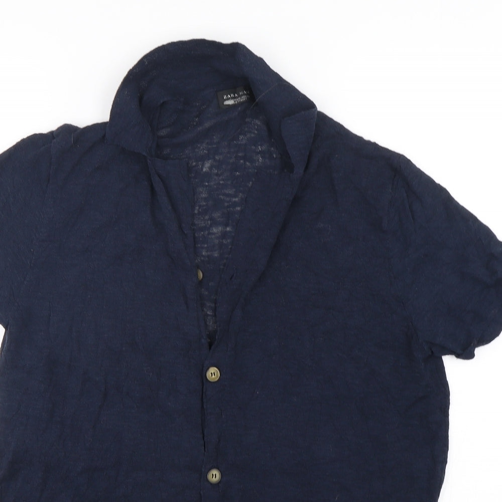 Zara Mens Blue Collared Striped Cotton Cardigan Jumper Size M