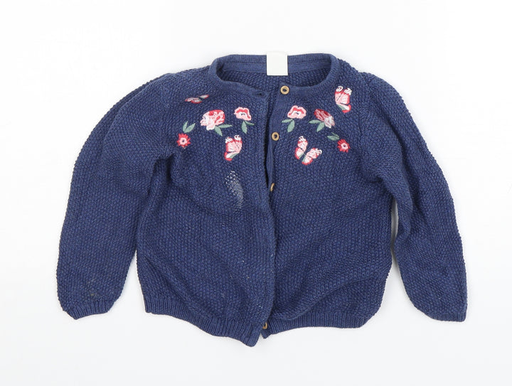 H&M Girls Blue Floral Cotton Cardigan Jumper Size 18-24 Months Button