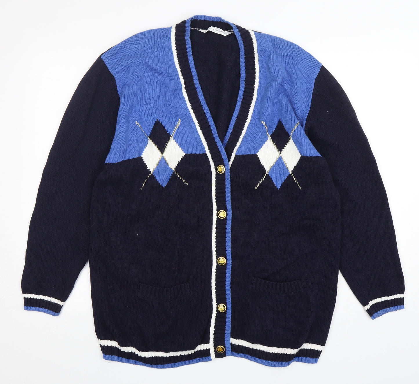 Marks and Spencer Womens Blue V-Neck Argyle/Diamond Cotton Cardigan Jumper Size 18