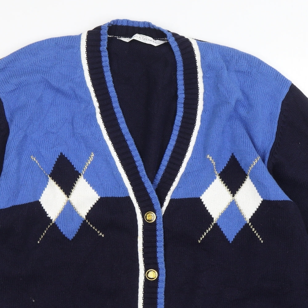 Marks and Spencer Womens Blue V-Neck Argyle/Diamond Cotton Cardigan Jumper Size 18