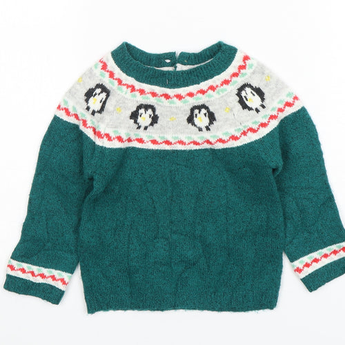 Marks and Spencer Boys Green Fair Isle Acrylic Pullover Jumper Size 12-18 Months   - Christmas