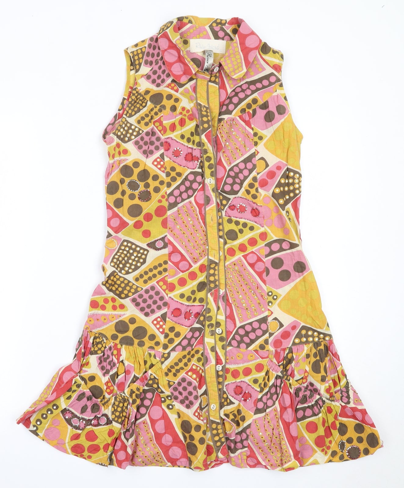 River Island Womens Yellow Geometric Cotton Fit & Flare  Size 10  Collared