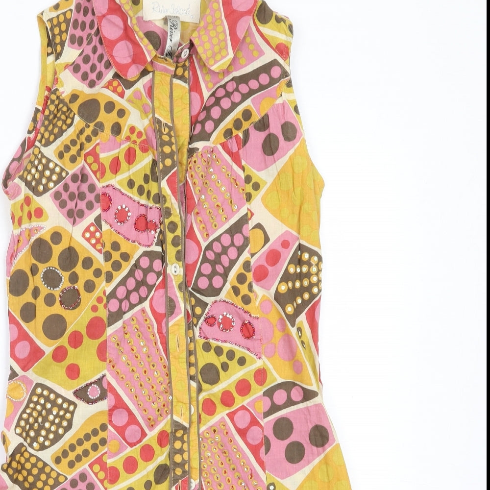 River Island Womens Yellow Geometric Cotton Fit & Flare  Size 10  Collared