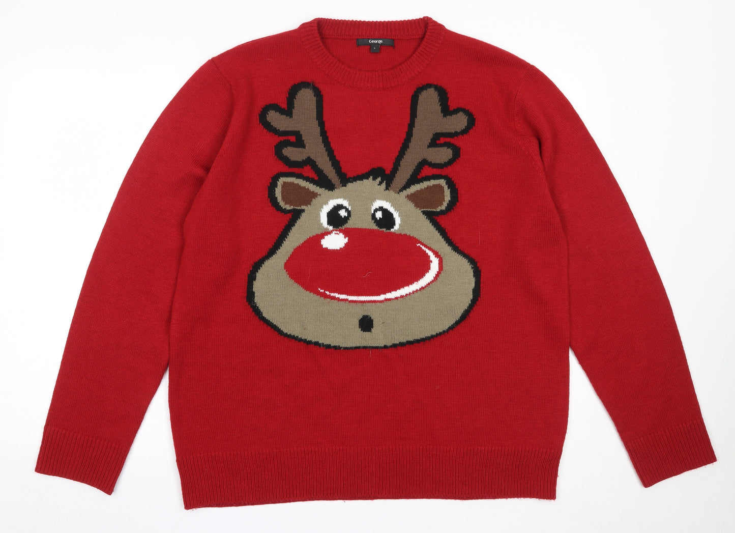George Mens Red Round Neck  Acrylic Pullover Jumper Size L   - christmas reindeer rudolph