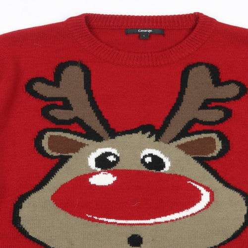 George Mens Red Round Neck  Acrylic Pullover Jumper Size L   - christmas reindeer rudolph