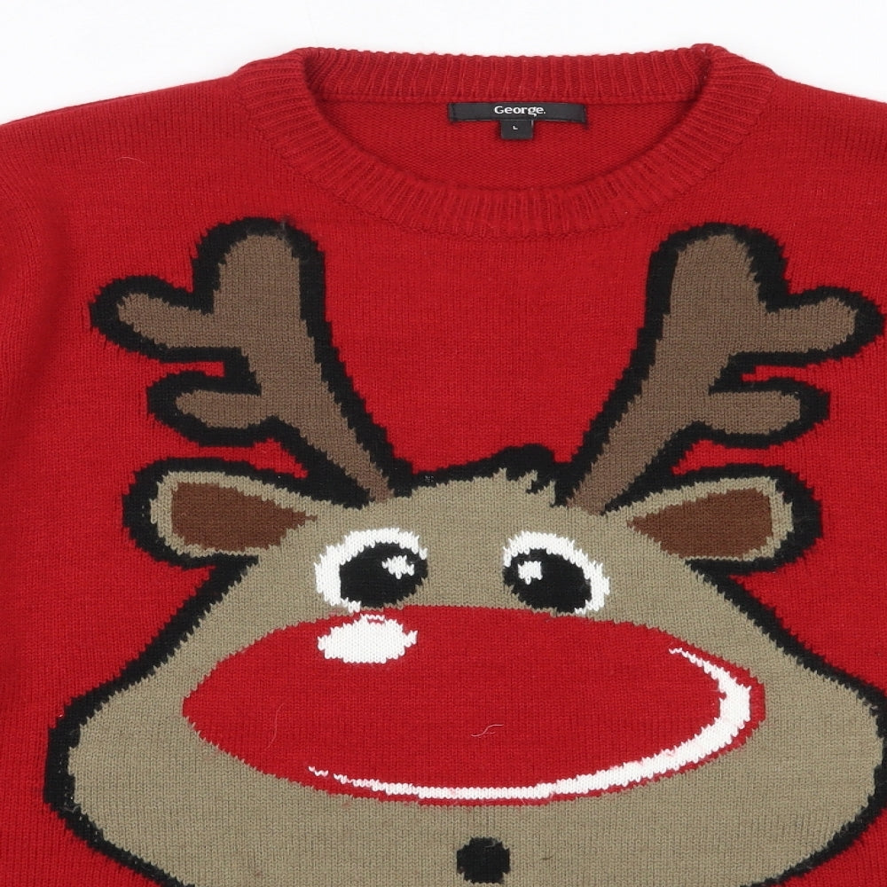 George Mens Red Round Neck  Acrylic Pullover Jumper Size L   - christmas reindeer rudolph