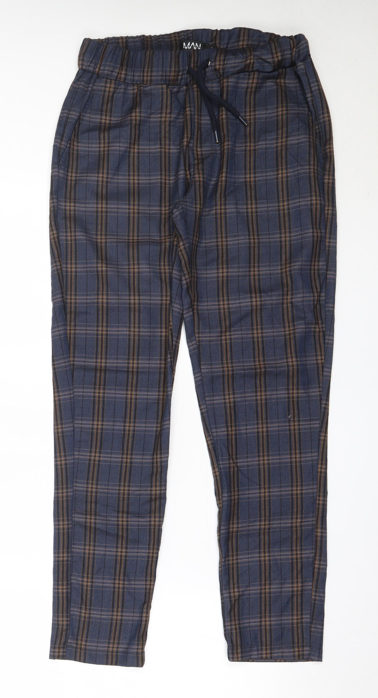 Boohoo Mens Blue Check Polyester Capri Trousers Size S L28 in Regular