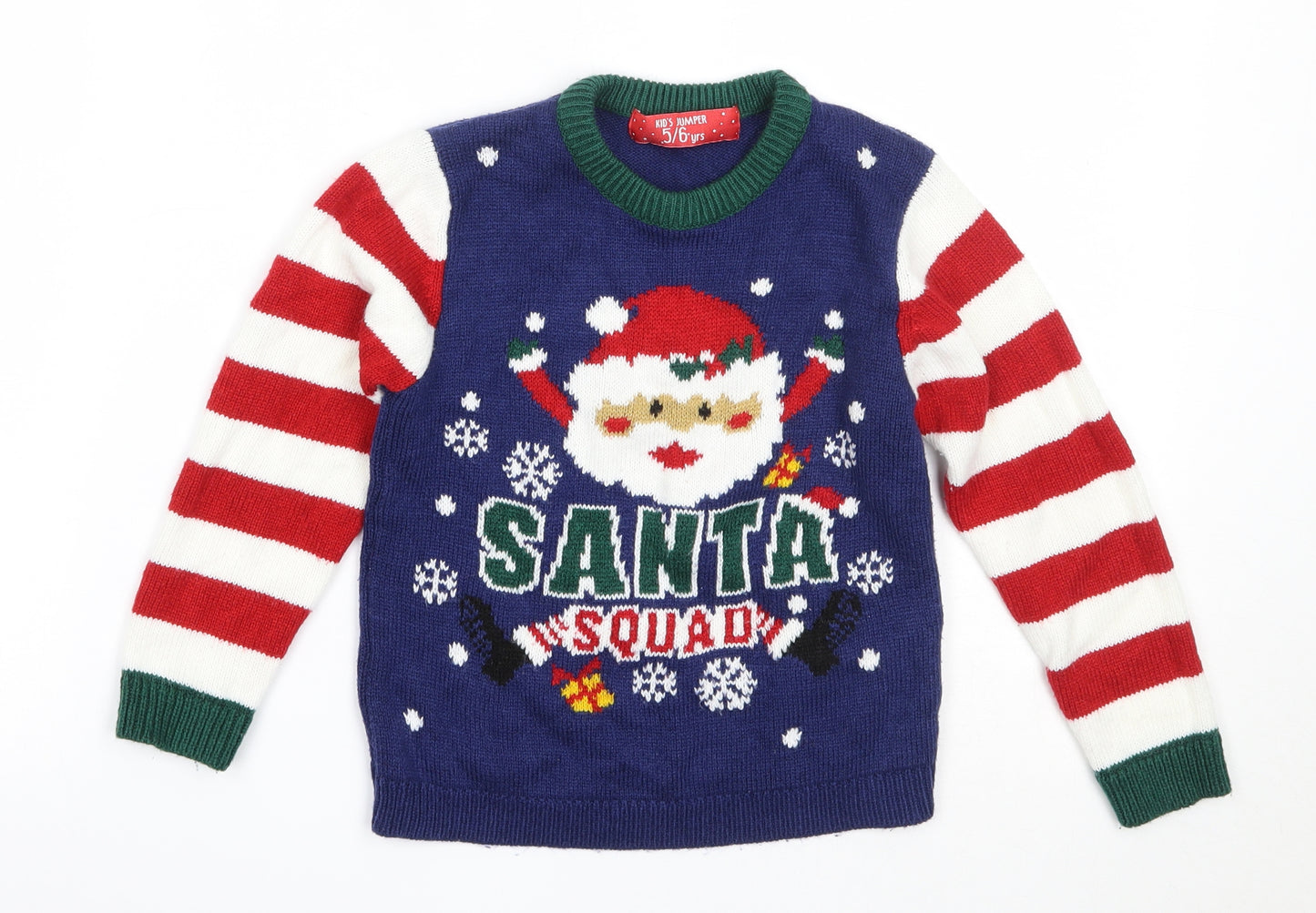 Preworn Boys Blue Round Neck  Acrylic Pullover Jumper Size 5-6 Years   - christmas