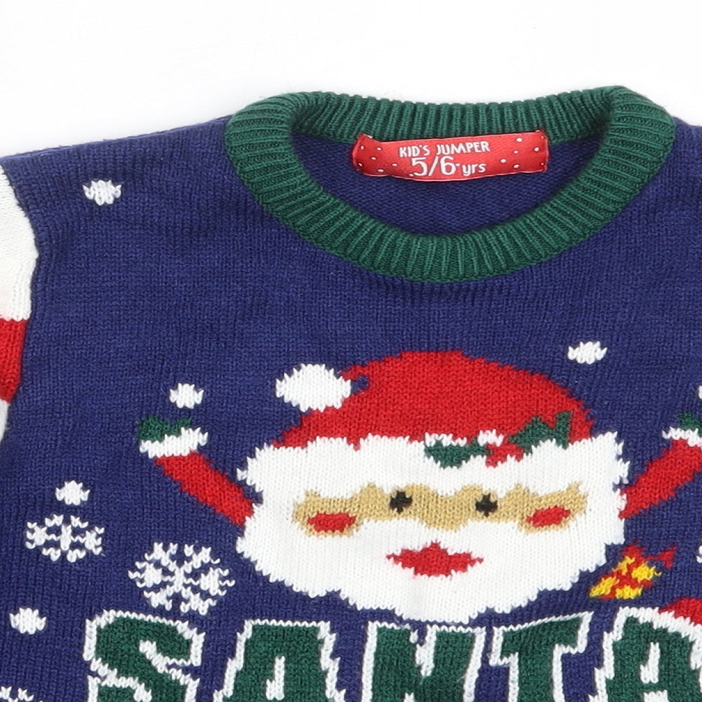 Preworn Boys Blue Round Neck  Acrylic Pullover Jumper Size 5-6 Years   - christmas