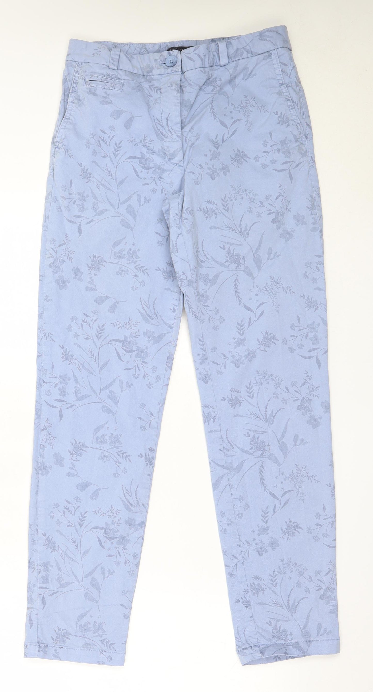 Marks and Spencer Womens Blue Floral Cotton Chino Trousers Size 8 L29 in Regular