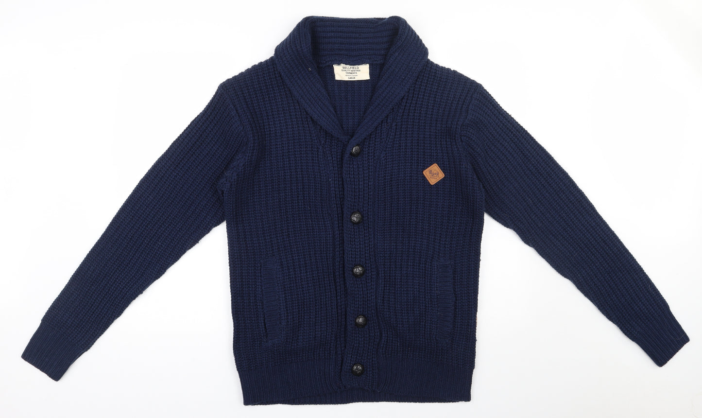 Bellfield Mens Blue V-Neck  Acrylic Cardigan Jumper Size L