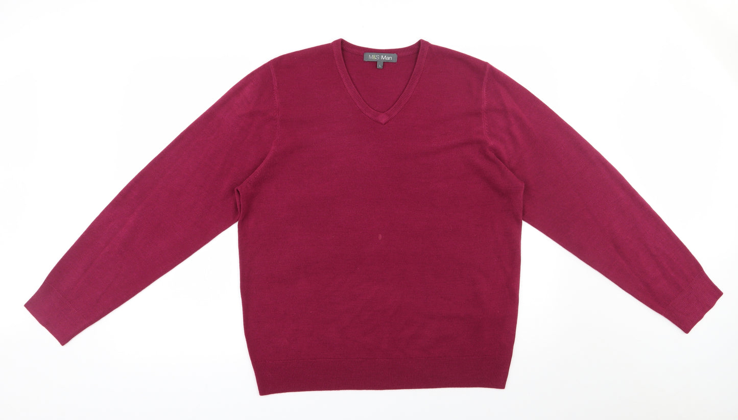 Marks and Spencer Mens Red V-Neck  Acrylic Pullover Jumper Size L