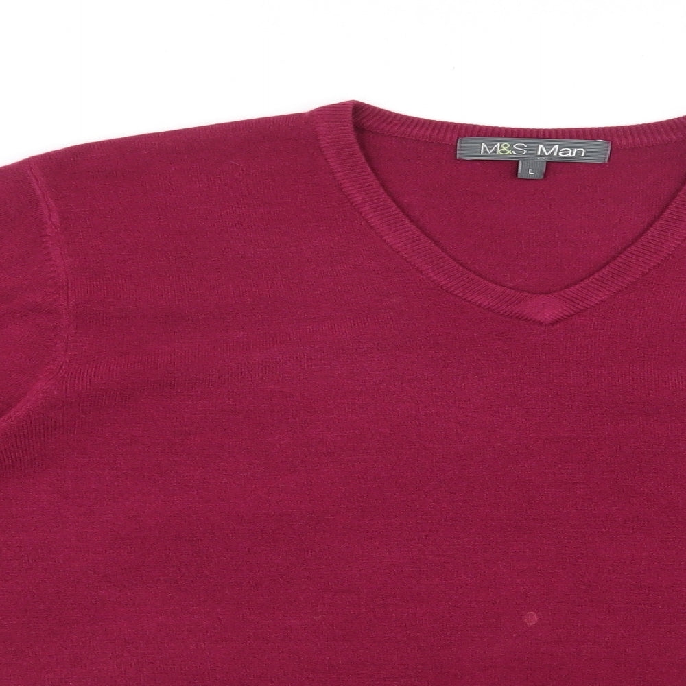 Marks and Spencer Mens Red V-Neck  Acrylic Pullover Jumper Size L