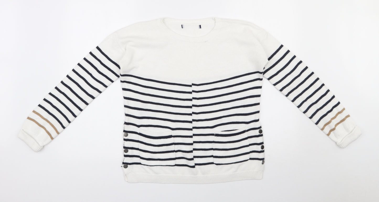 NEXT Womens White Round Neck Striped Cotton Pullover Jumper Size 10