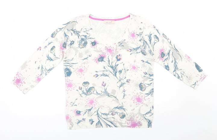 Per Una Womens Ivory V-Neck Floral Acrylic Pullover Jumper Size 8