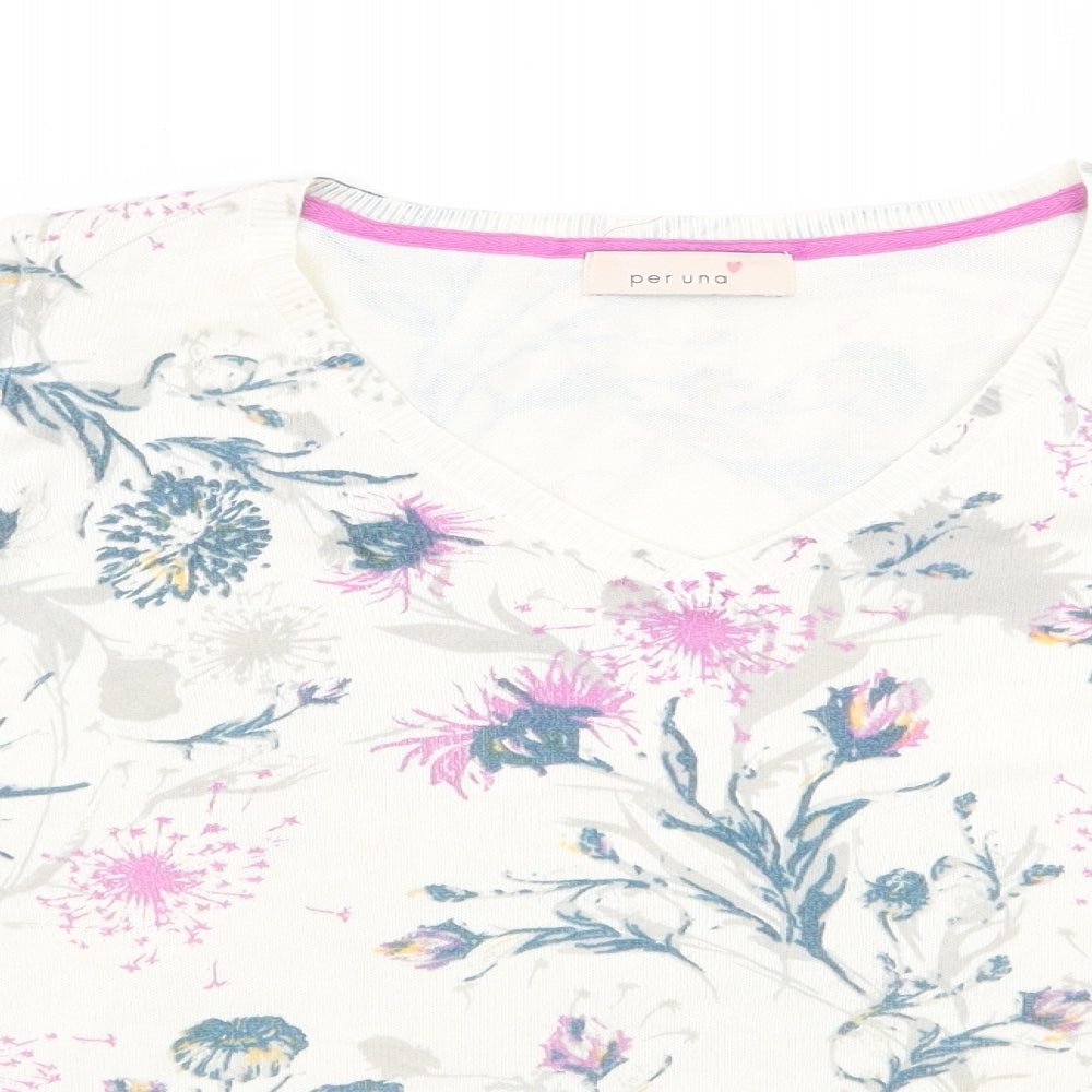 Per Una Womens Ivory V-Neck Floral Acrylic Pullover Jumper Size 8