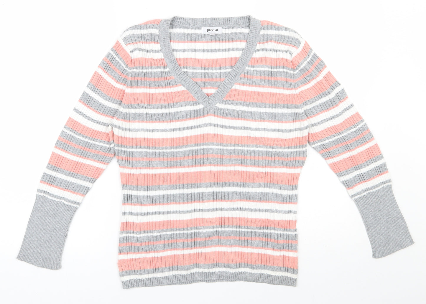 Papaya Womens Multicoloured V-Neck Striped 100% Cotton Pullover Jumper Size 18