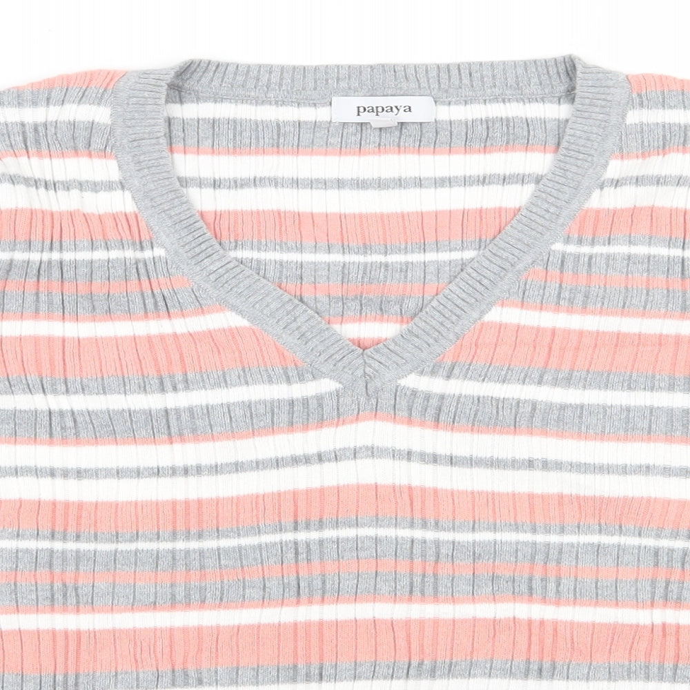 Papaya Womens Multicoloured V-Neck Striped 100% Cotton Pullover Jumper Size 18