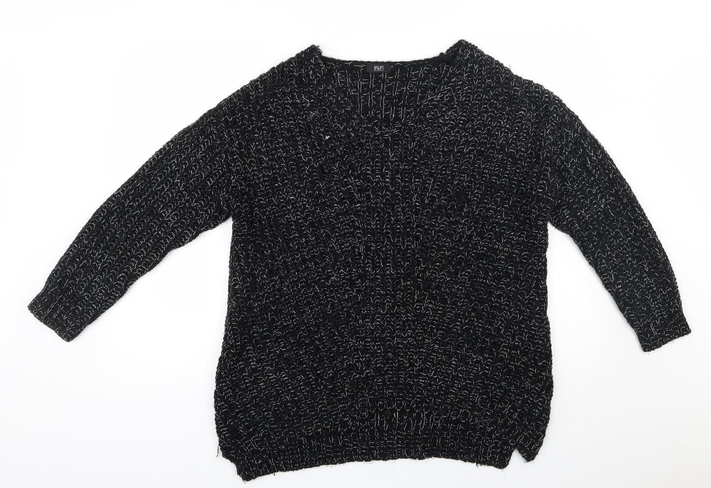 F&F Womens Black V-Neck  Acrylic Pullover Jumper Size 12