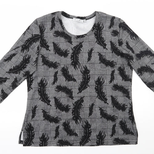 Bicalla  Womens Black Houndstooth Viscose Jersey T-Shirt Size L Scoop Neck - Feather pattern