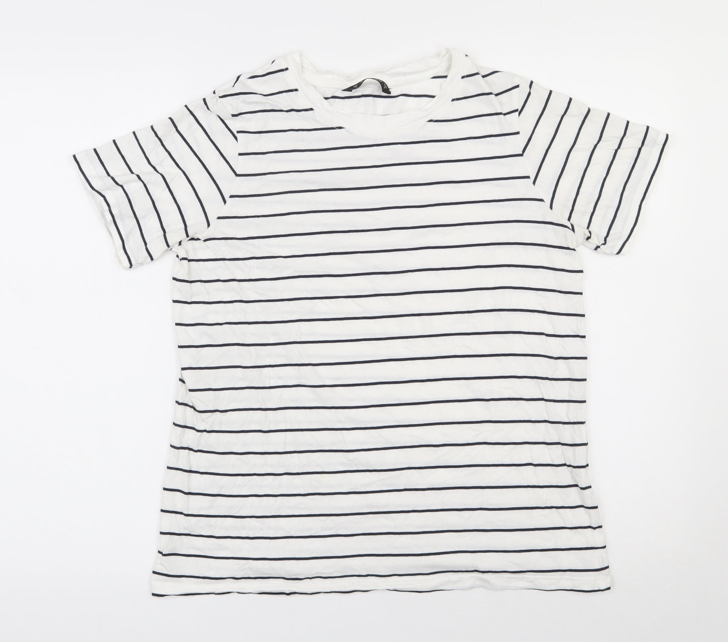 Dunnes Stores Womens White Striped 100% Cotton Basic T-Shirt Size S Round Neck
