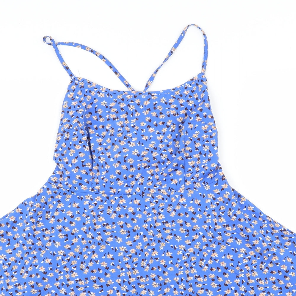 SheIn Womens Blue Floral Polyester Skater Dress  Size M  Scoop Neck Tie - Open back
