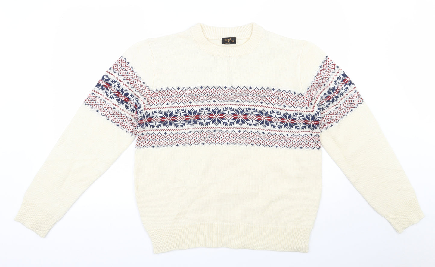 Pop  Womens Ivory Round Neck Fair Isle Acrylic Pullover Jumper Size L