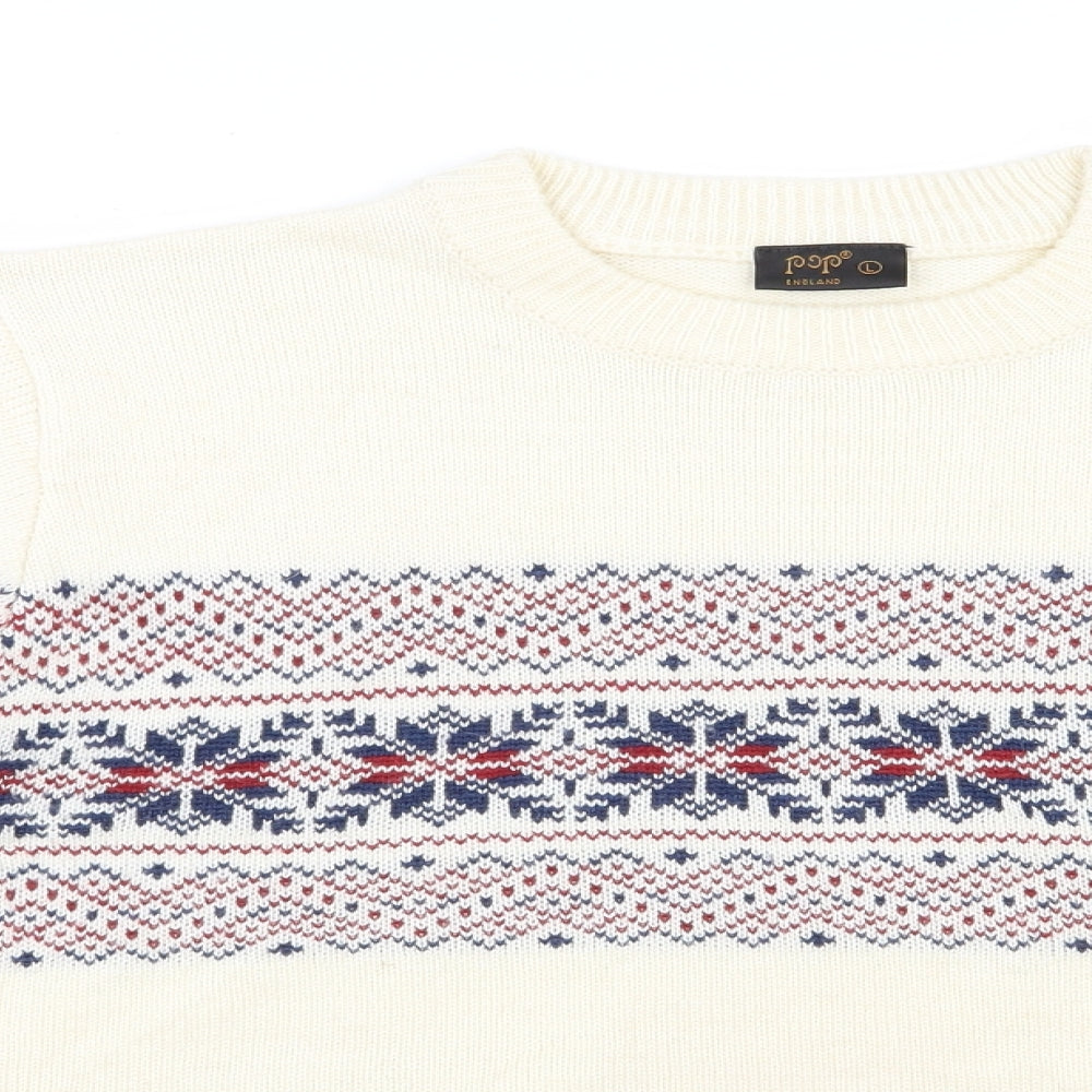 Pop  Womens Ivory Round Neck Fair Isle Acrylic Pullover Jumper Size L