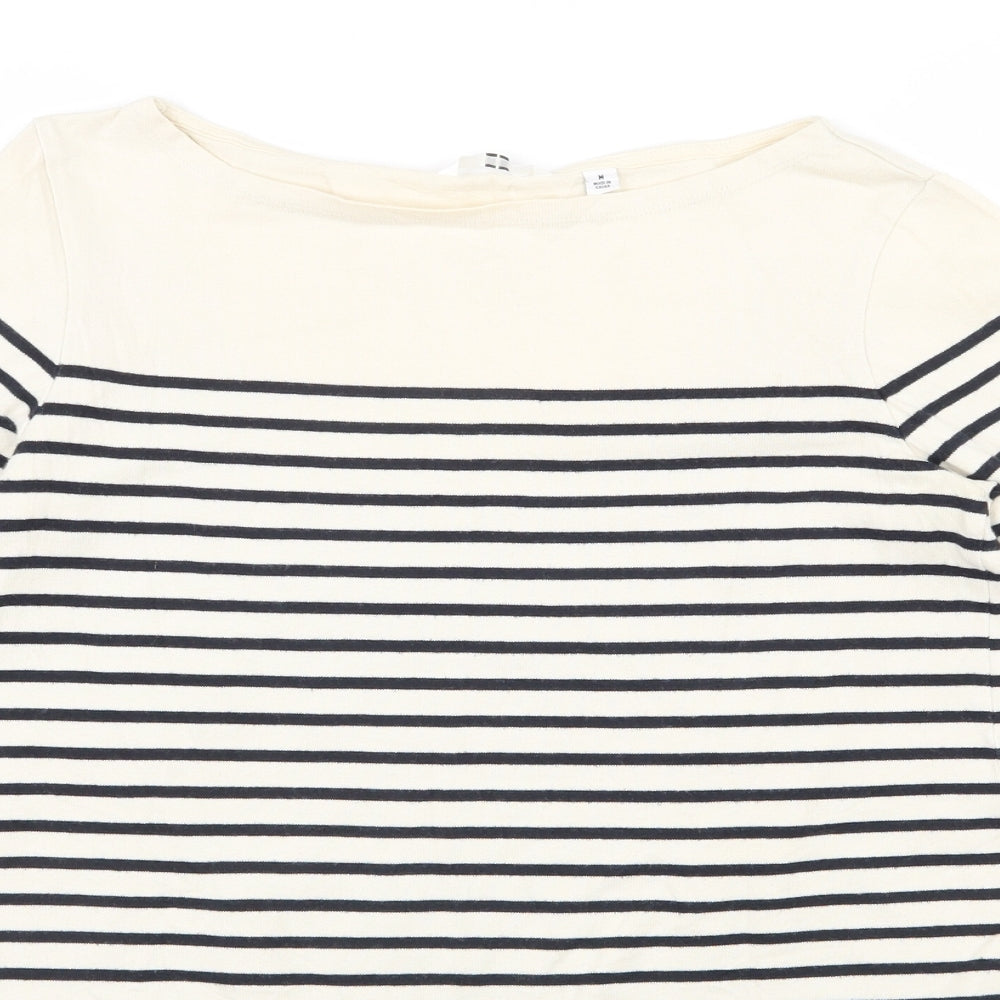 Uniqlo Womens Beige Boat Neck Striped 100% Cotton Pullover Jumper Size M