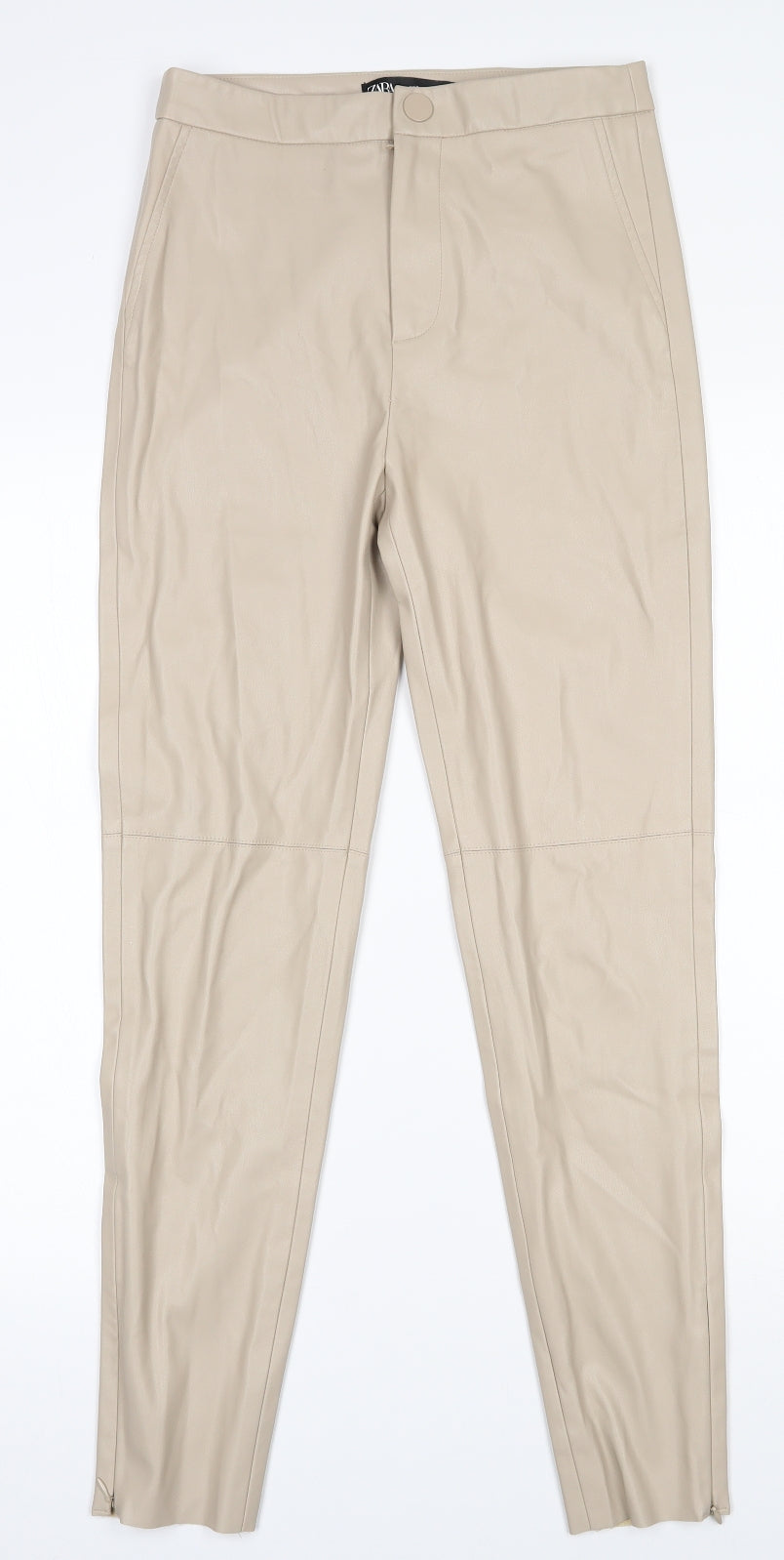 Zara Womens Beige  Polyurethane Capri Trousers Size S L27.5 in Regular Zip - Leather look