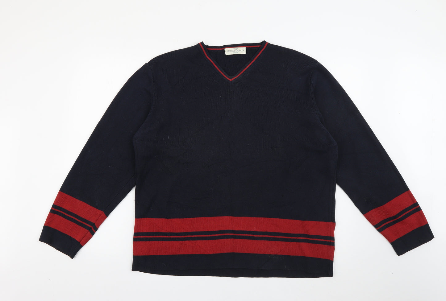 Marks and Spencer Mens Black V-Neck Striped Cotton Pullover Jumper Size M   - Navy