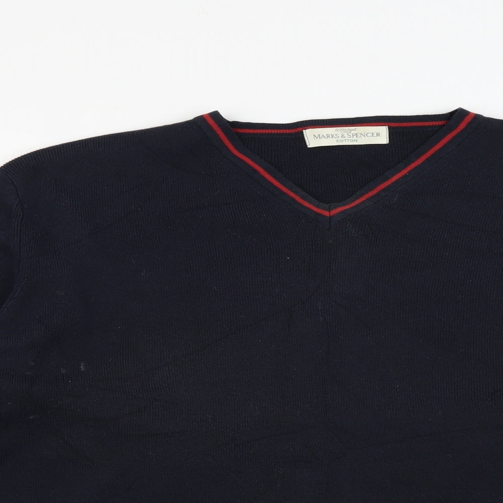 Marks and Spencer Mens Black V-Neck Striped Cotton Pullover Jumper Size M   - Navy