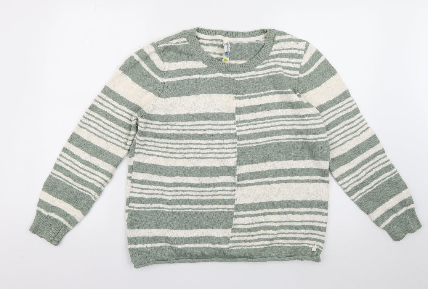 Weird Fish Womens Green Crew Neck Striped Cotton Pullover Jumper Size 14