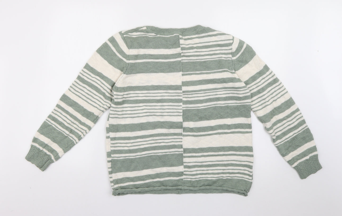 Weird Fish Womens Green Crew Neck Striped Cotton Pullover Jumper Size 14