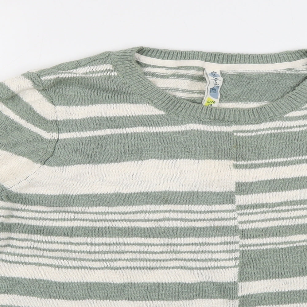 Weird Fish Womens Green Crew Neck Striped Cotton Pullover Jumper Size 14